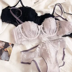 2 Pieces Women Lingerie Set Sexy Lace Embroidery Bra Set Summer Thin Cup Lavender Push Up Brassiere Anti-slip Strap Underwear