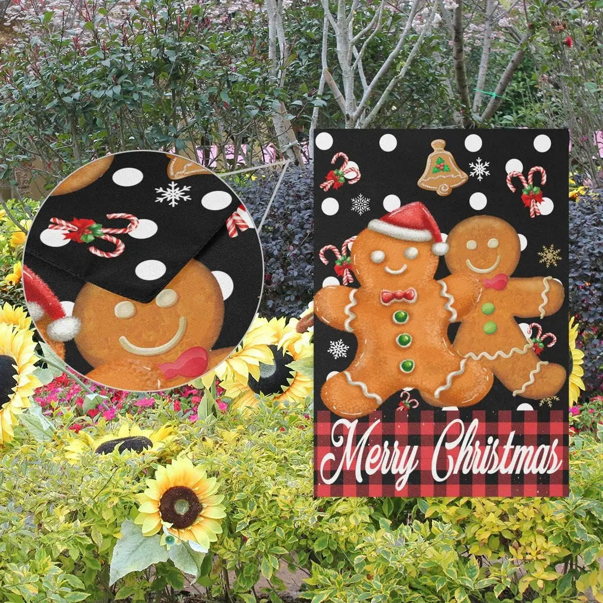 Wamika Merry Christmas Gingerbread Man 28x40 Double Sided Candy Cane Red Buffalo Plaid Garden Flag Snowflake Snowman Outdoor Fla