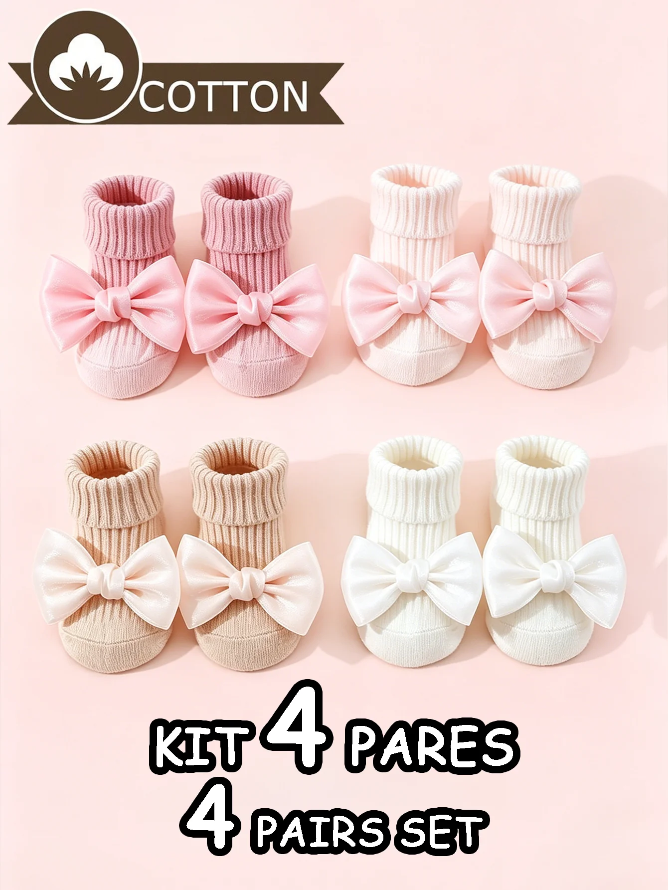 4 Pairs of Baby Girls' Socks Cotton Soft Bow Ankle Socks Anti-Slip Glue Grip Infant Toddler Socks are Suitable for Newborn Aged 0-24 Months Cute Soft and Comfortable for Baby Girl 's First Walkers Daily Wear Gift