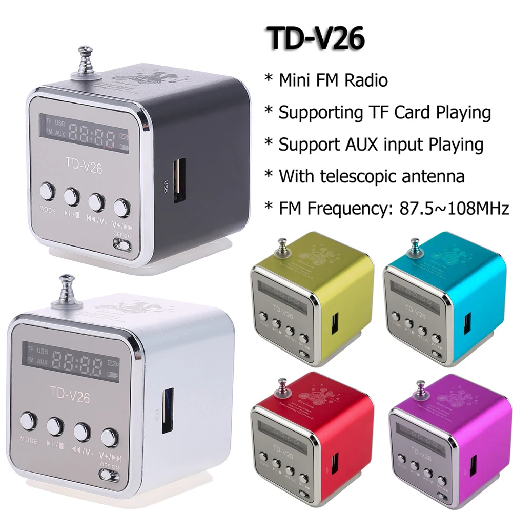 TD-V26 Mini Radio Speaker w/FM Radio Receiver Wireless Speakers Digital FM Radio Support TF Card U Disk for MP3 Music Player