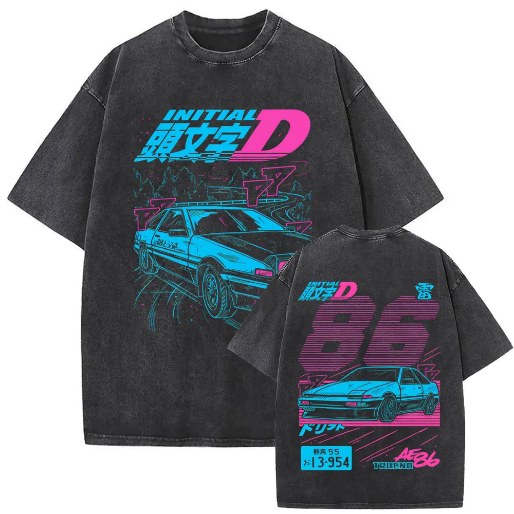 Washed Vintage Anime Initial D Drift AE86 Takumi Fujiwara Tofu Shop Merch T-shirt Men's Clothing Manga Casual Oversized T Shirt