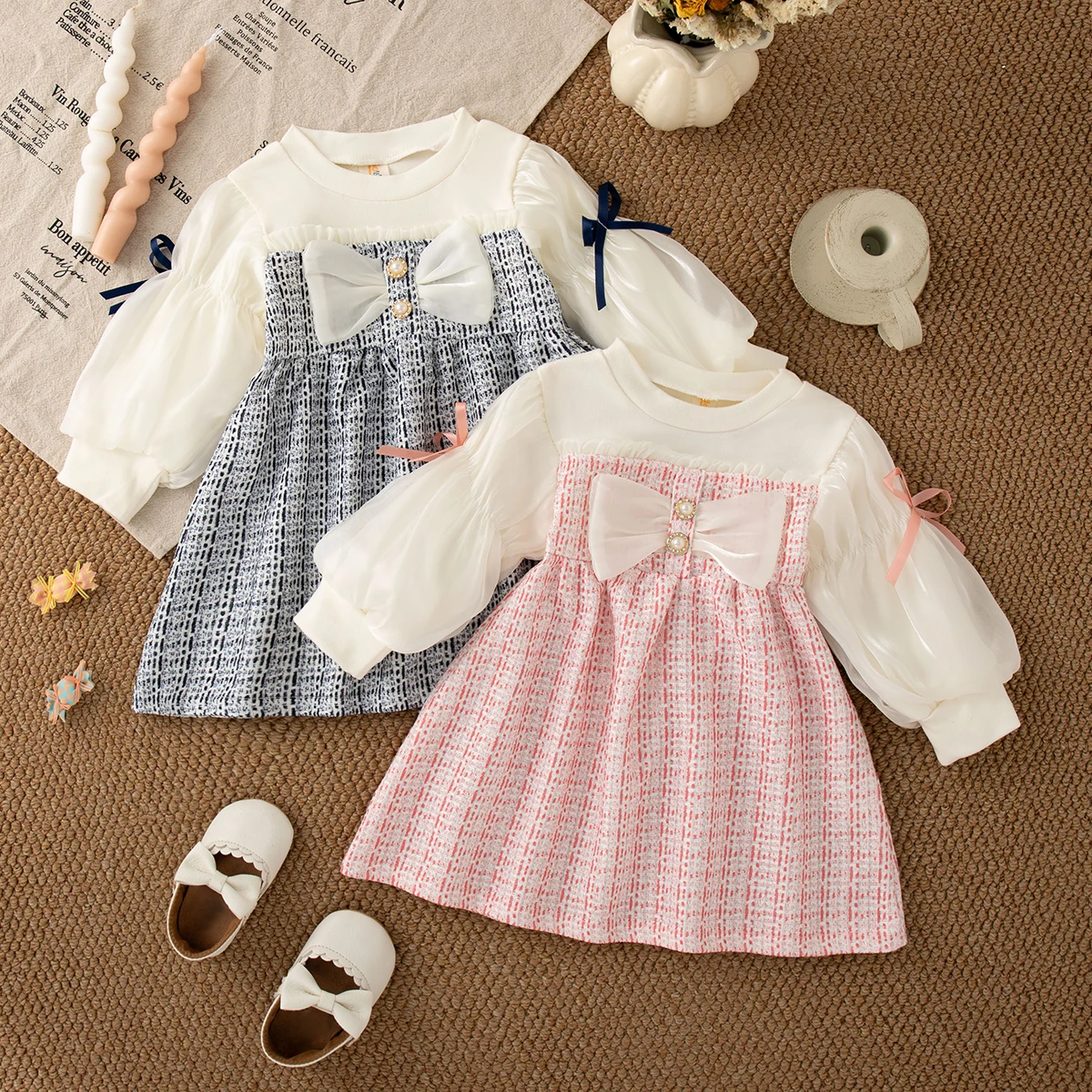 

New Spring And Autumn Baby Girl Dress Sweet Long Sleeve Round Neck Bow Checkered Children'S Clothing (9 Months -3 Years Old)
