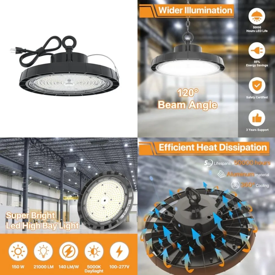 

UFO LED High Bay Light: 150W 5000K Led Shop Lights 21000LM IP65 AC100-277V with US Plug 5' Cable - UFO Light for Warehouse Base