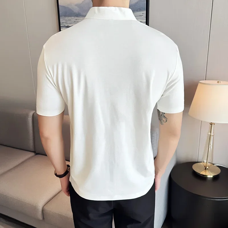 Camisa POLO de alta elasticidad para hombre, camiseta informal de manga corta con cuello levantado chino fino, Color sólido, novedad de verano 2024