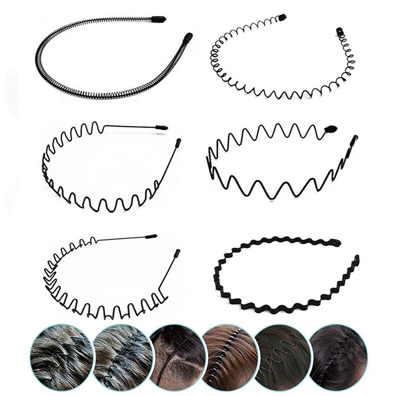 6PCS Black Metal Waved Style Sports Hairband Durable Non-slip Men Women Unisex Hair Band Casual Adult Headwear Boy Fashion Gift