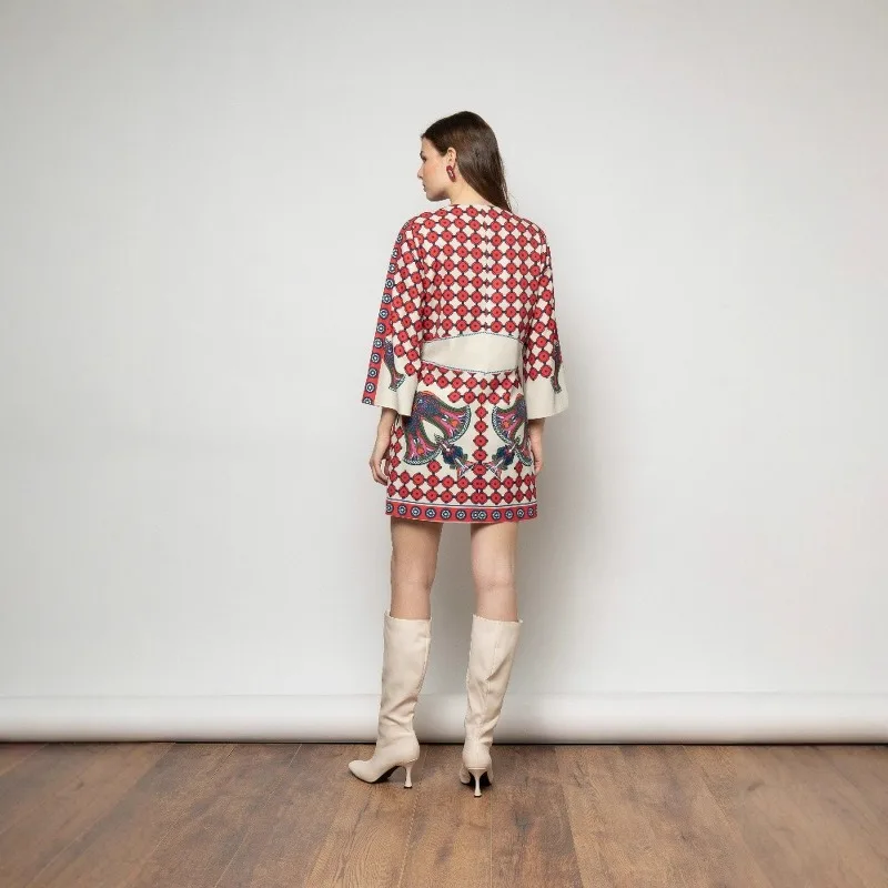 Minivestido étnico holgado con estampado para mujer, bohemio, elegante, de manga larga, con cuello en V, fluido, bohemio, para playa