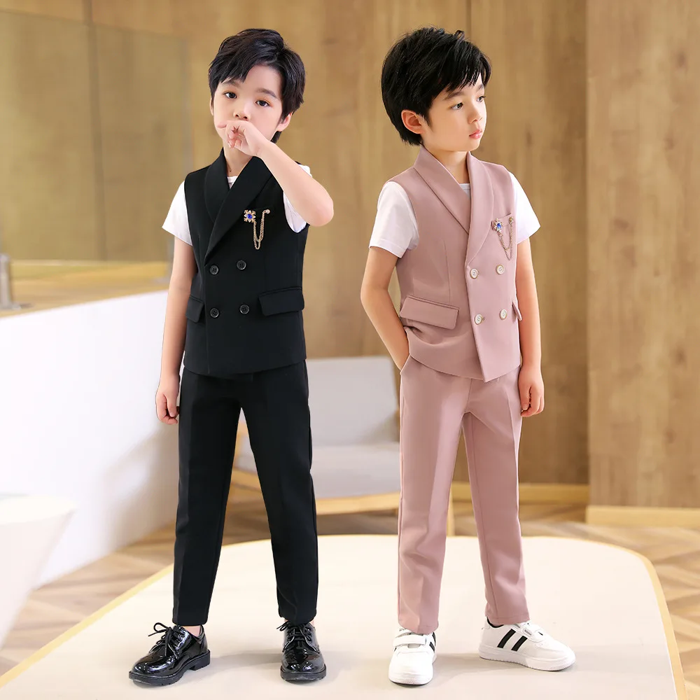 Boys Solid Color Suit Vest Pants Outfits Child Double Breasted Waistcoat Wedding Clothes Sets Toddler Formal Dress Kids Tuxedos