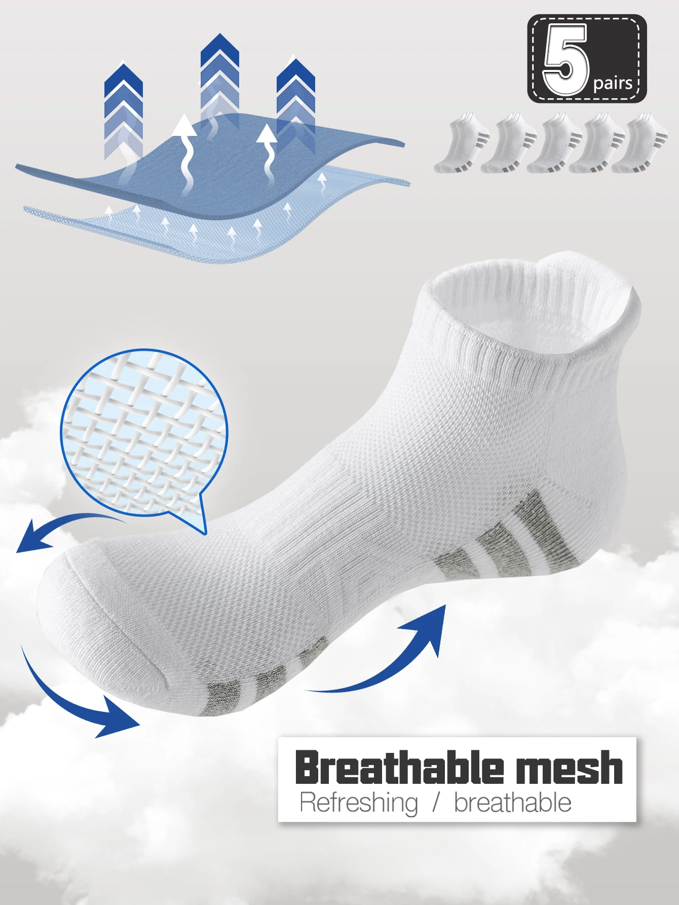 

5 Pairs Unisex White Sports Socks Absorbent Towel Bottom Breathable Mesh Short Running Shock Absorption Socks for Men And Women
