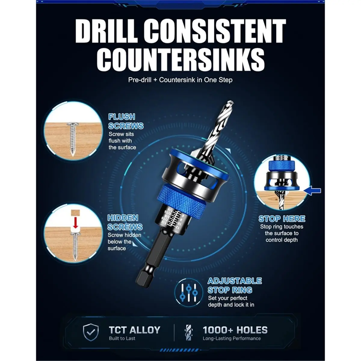 5PCS Countersink Drill Bit Set with Depth Stopper, Pilot Bits for Wood MDF Plastic, 5 Size Options Adjustable