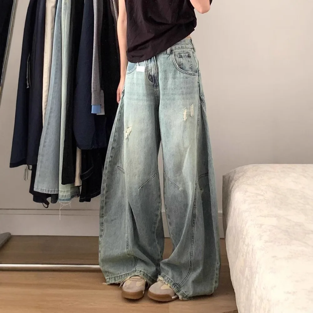 

Distressed Baggy Wide Leg Jeans, Vintage Acid Wash Ripped Denim Pants, Streetwear Oversized Flared Jeans