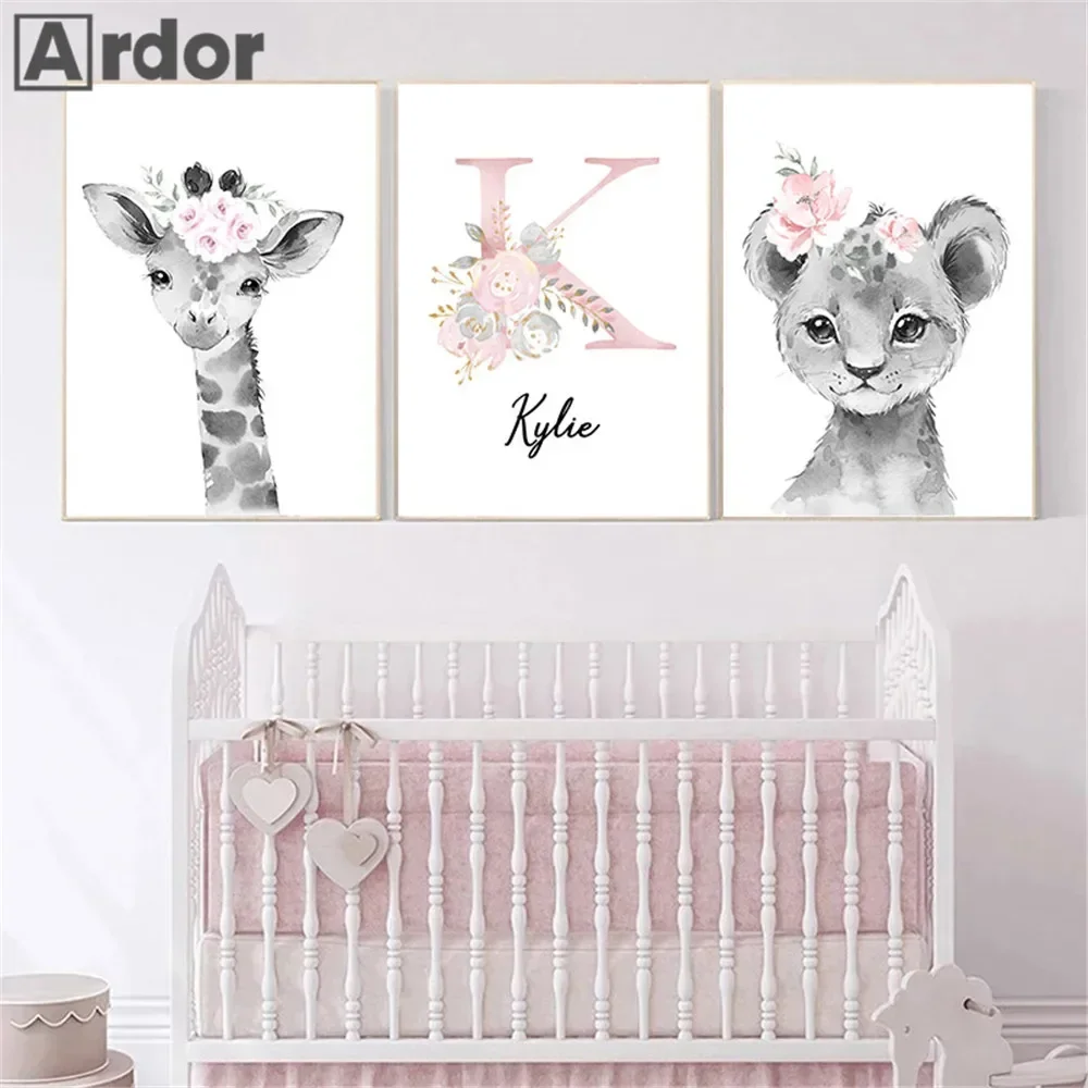 

Lion Art Prints Custom Name Canvas Paintings Giraffe Poster Pink Girl Print Nursery Wall Art Picture Baby Kids Room Decoration