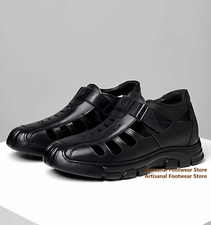 

8cm Closed Toe Men's Leather Sandals Breathable Hollow-Out Shoes Inner Height Increasing Shoes Outdoor Casual Walking Sandals