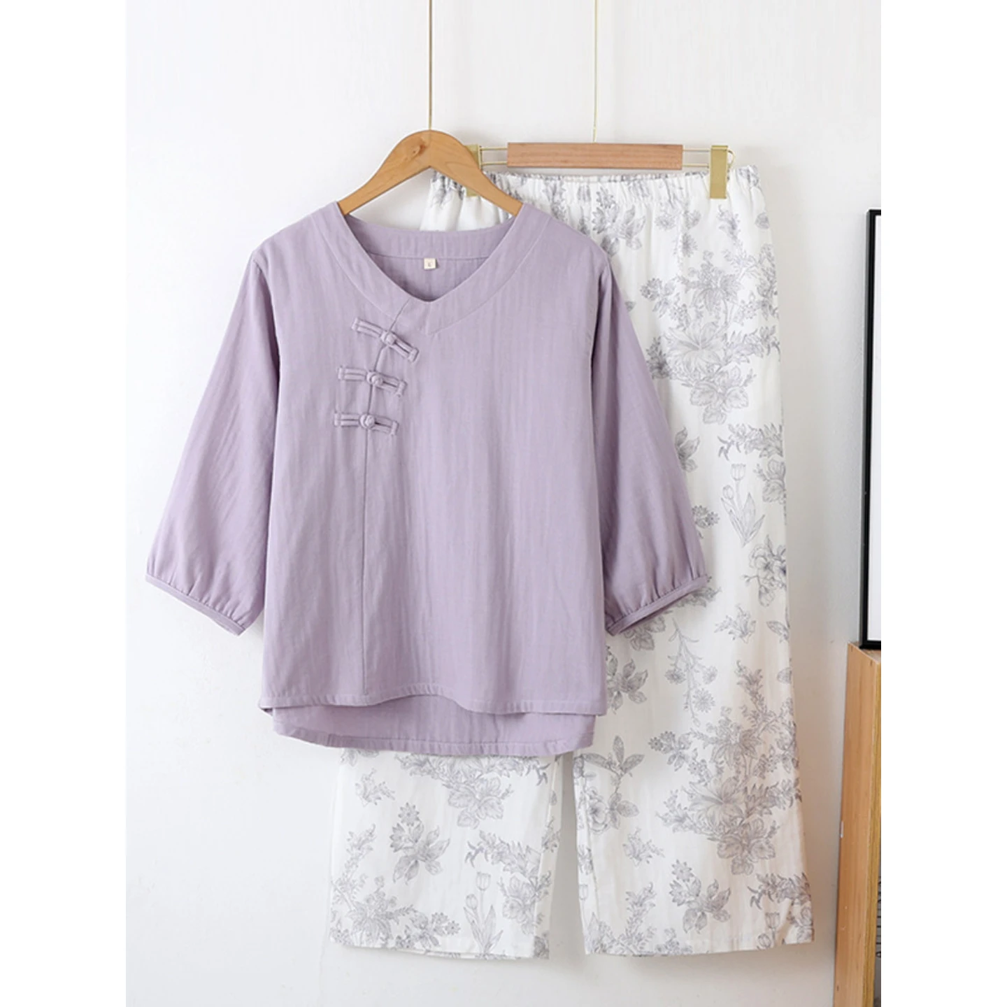 Women's 2-Piece Pajama Set, New Chinese Double Gauze, 3/4 Sleeve Frog Buttons, Breathable Spring Fall Loungewear