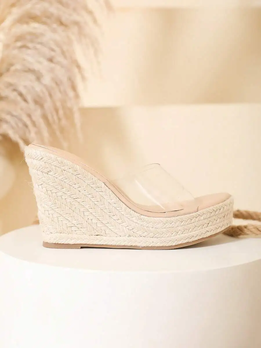 Women Clear Strap Espadrille Wedge Slide Sandals, Vacation Summer Sandals,Travel Essential