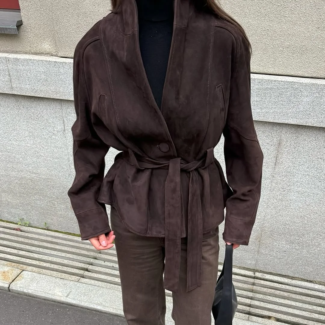 

HH Осенний популярный женский модный пояс Майора Тонкий уникальный Тренч Замшевое пальто Женская универсальная уличная повседневная куртка с лацканами