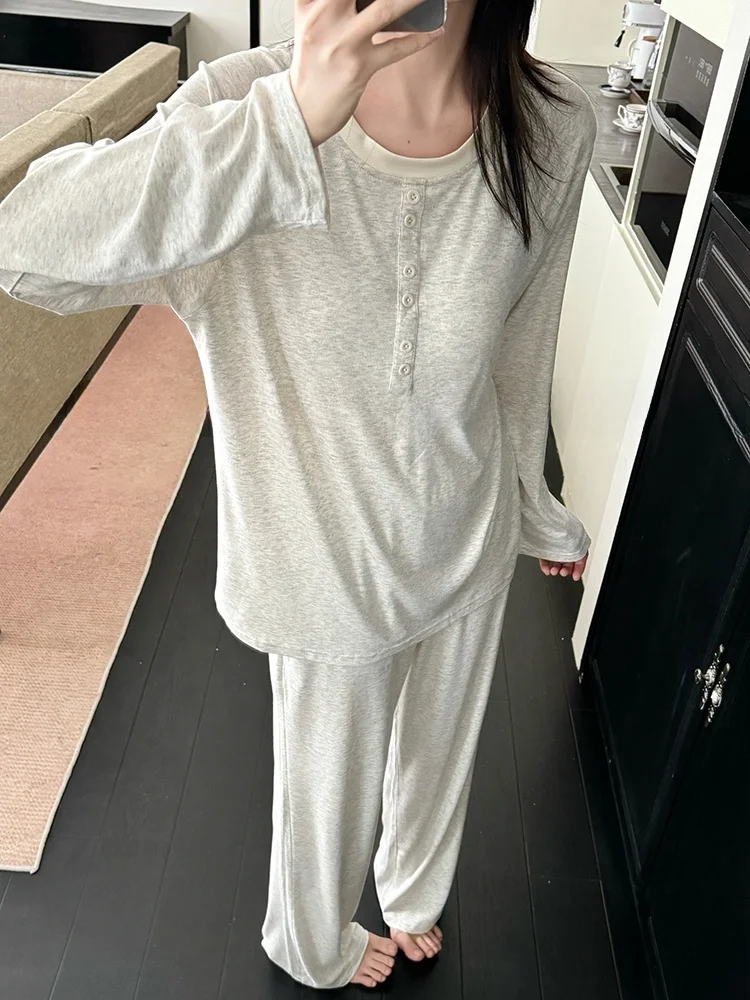 女性用モーダル寝間着 ゆったり長袖ラウンドネックツーピースセット ホームウェア 快適で通気性のある春秋用ウェア 1