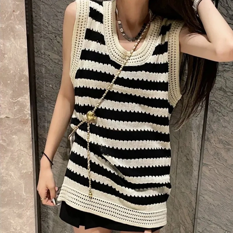 

Hollow Out Striped Knit Tank Dress Women Summer Thin Sleeveless Long Vest Korean Style Casual Loose Top