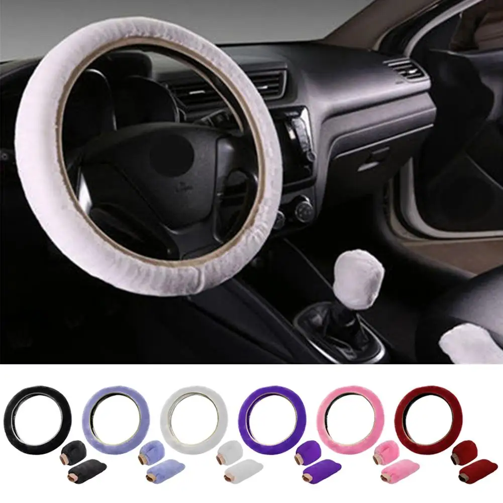 

Car Steering Wheel Cover Gearshift Handbrake Cover Protector Warm Soft Thick Collar Decoration Man Women Super Plush Pink C6W9