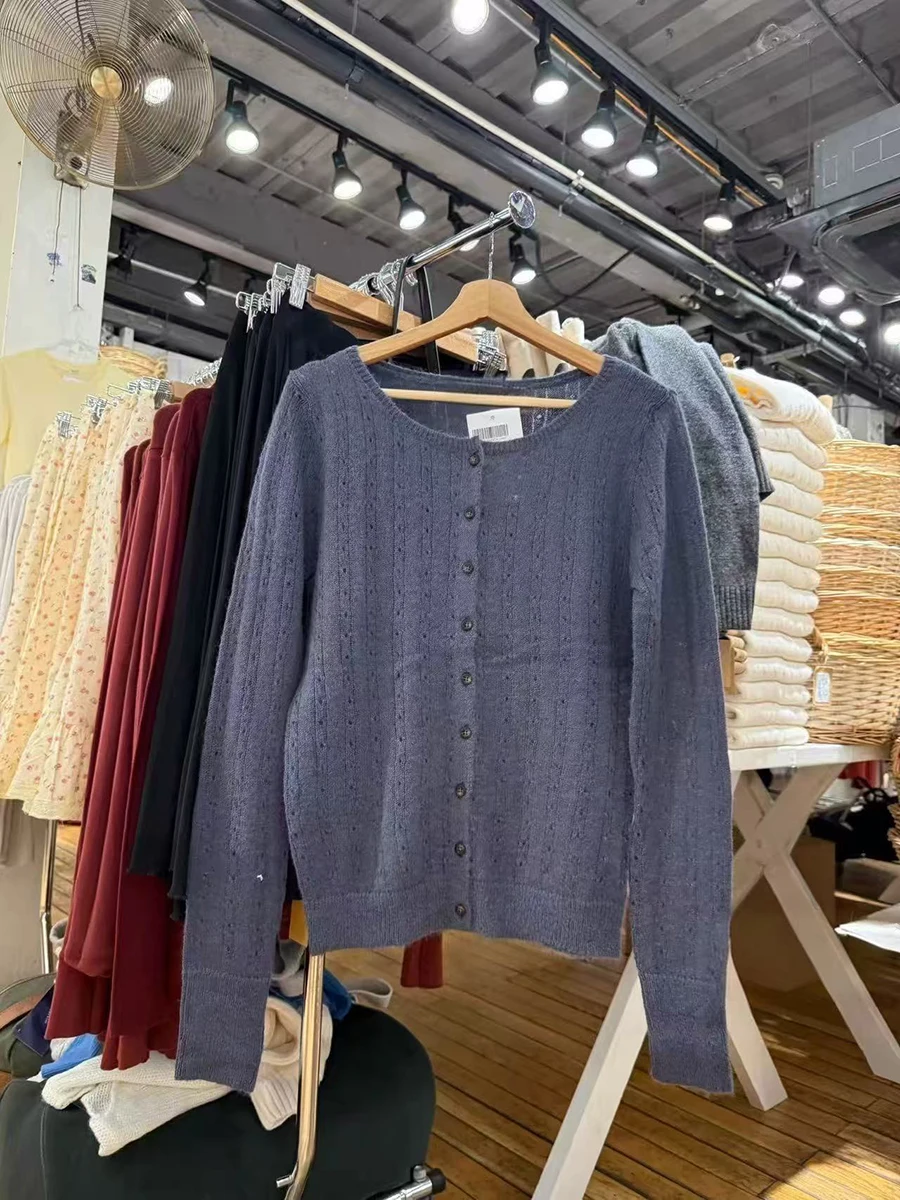 Однотонный тонкий вязаный свитер с люверсами, кардиган, женский осенний хлопковый трикотаж с круглым вырезом и длинными рукавами, женские милые универсальные простые топы