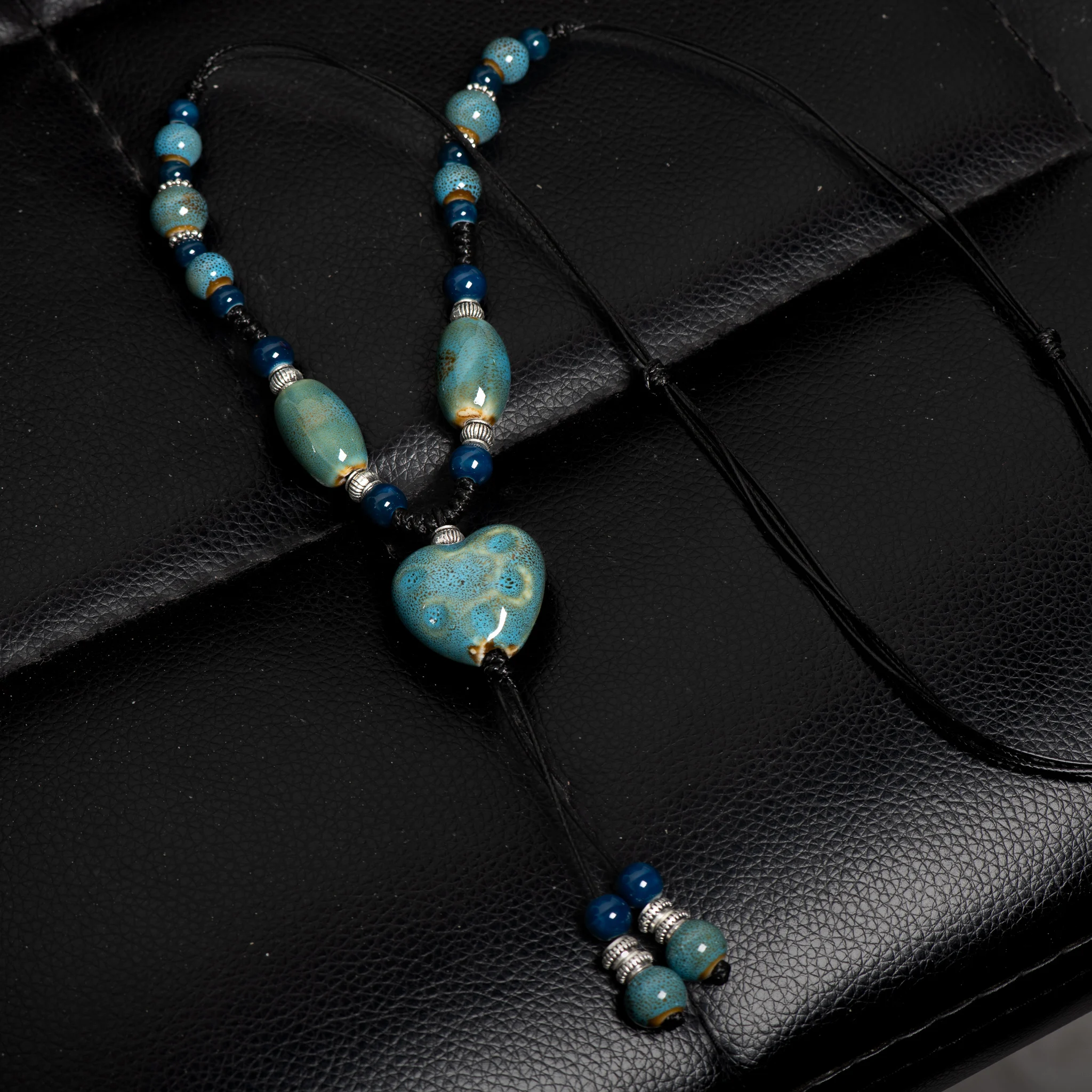 Blue Heart Ceramic Necklace Handmade Pendant Boho Adjustable Long Necklace for Women 111