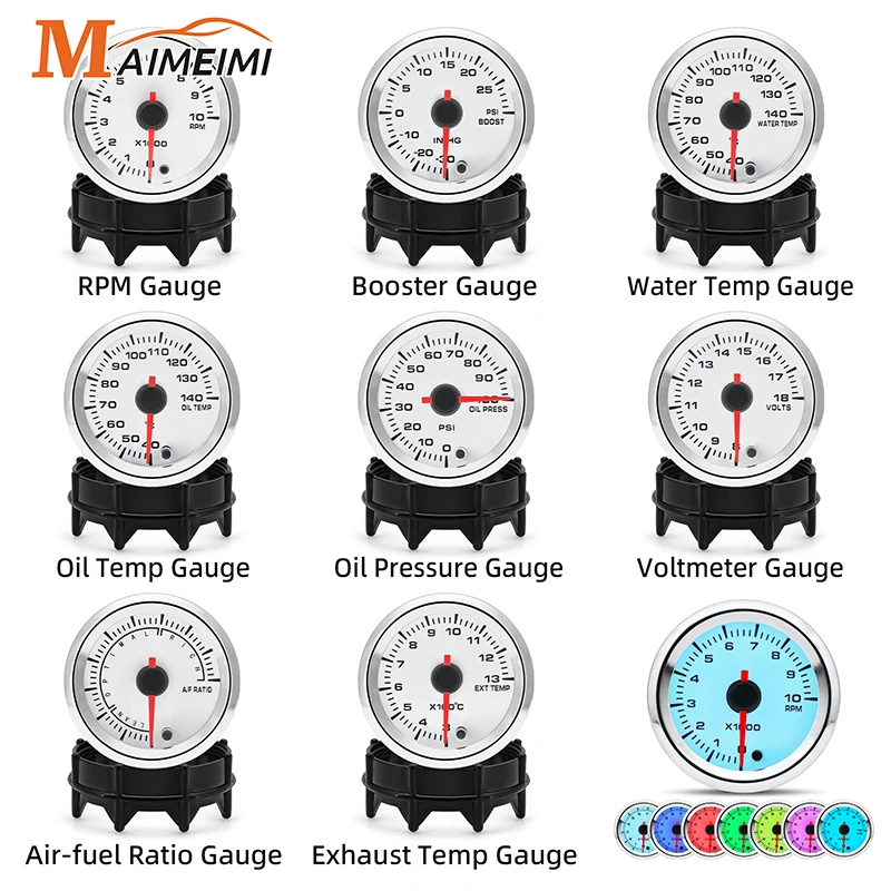 52MM Tachometer Water Temp Oil Temperature Gauge Oil Press Gauge EXT Temp Air Fuel Ratio Voltmeter 7 Color Backlight for 12V Car