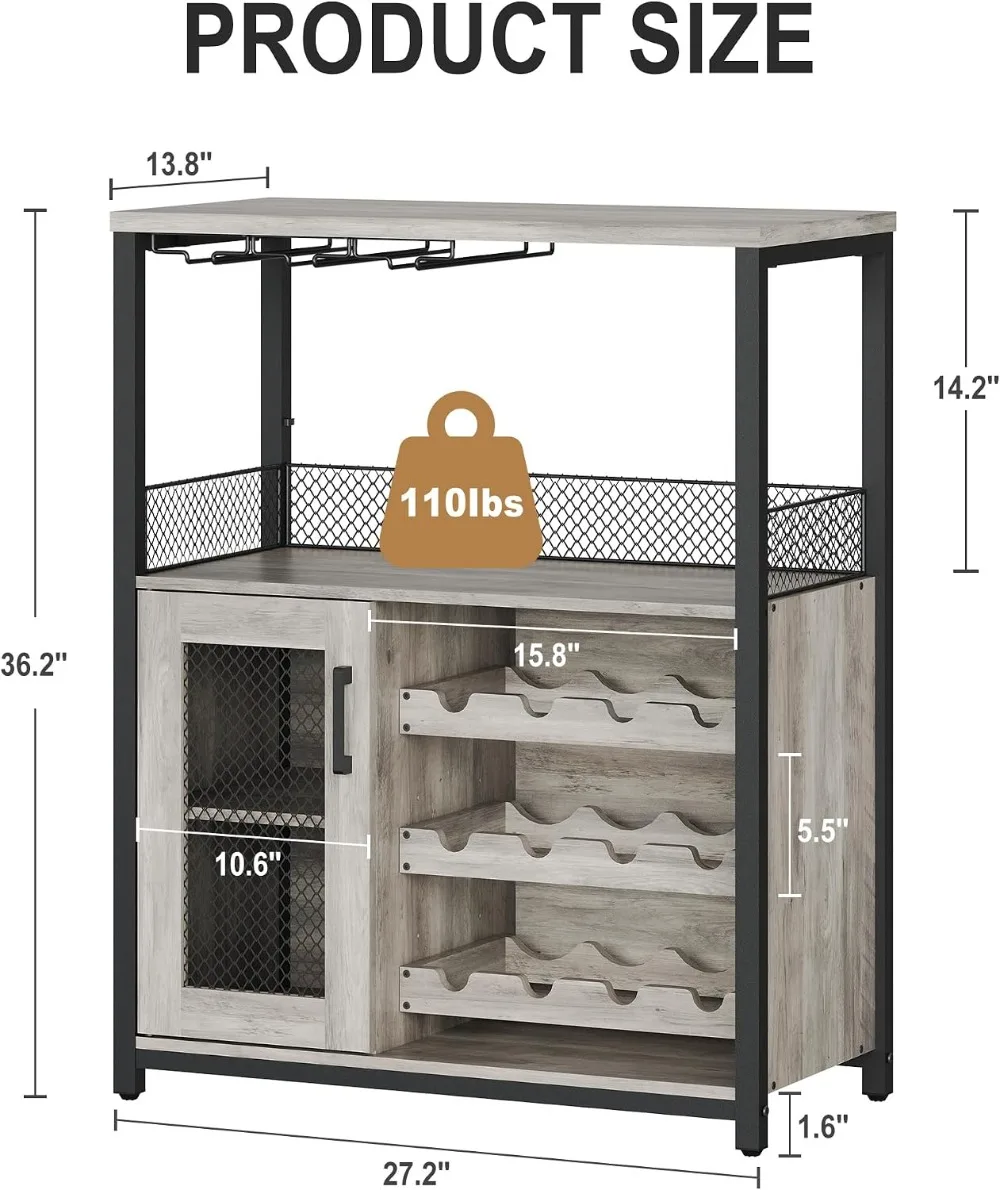 3-Tier Wine Bar Cabinet with LED Lights & Wine Rack, Storage Cabinet with Glass Holder & Mesh Door, Sideboard Buffet for Living Room, Dining Room, Grey