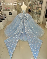 Sky Blue Sweetheart Quinceanera Dresses With Big Bow Ball Gown Sleeveless Appliques 3D Butterfly Vestidos De 15 Años Customized