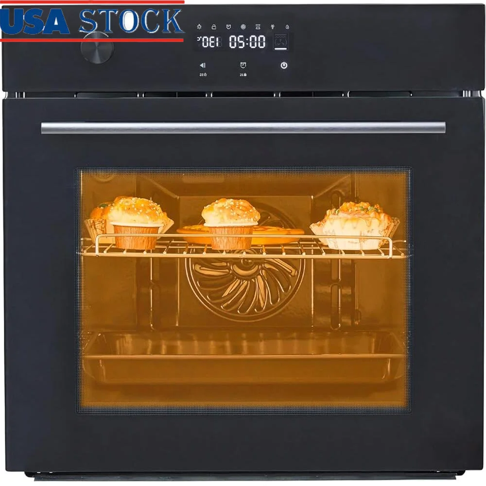 เตาอบไฟฟ้าติดผนังขนาด 24 นิ้วเตาอบพิซซ่าในร่มสแตนเลสในตัว 8 โหมดทําอาหารตัวจับเวลามัลติฟังก์ชั่นการออกแบบทําความสะอาดง่าย