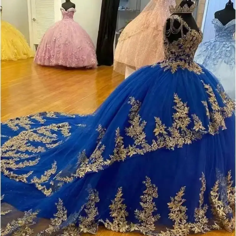 Customized  Royal Blue Quinceanera Dresses For 16 Girl Luxury Appliques Beads Ball Gowns Tull Princess Vestidos De 15 Años