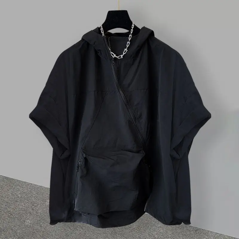 Summer New Men\'s Solid Color Hooded Spliced Pockets Zipper Casual Fashion Loose Korean Short Sleeve High Street T-shirt Tops