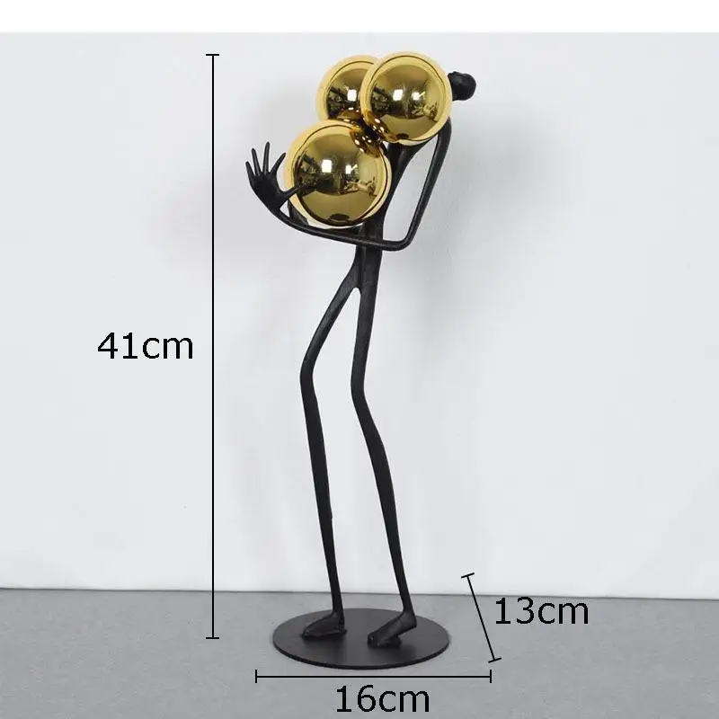 Minimalist Black Matchstick Men Ornaments Golden Ball Decorative Character Statue Desk Decoration Abstract Figure Sculpture