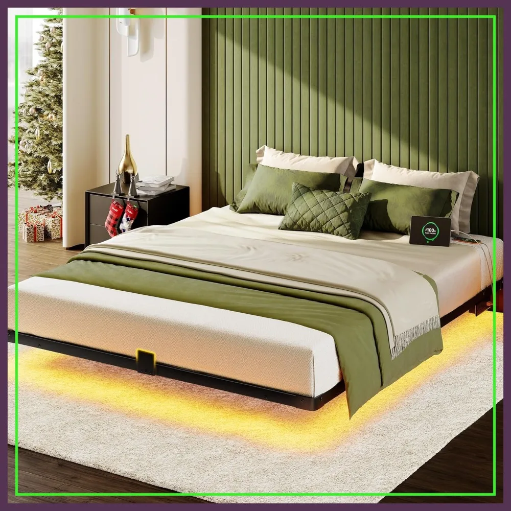 

Smart LED Floating Bed Frame Queen Size, 9.45" Clearance, Charging Station, Mattress Stopper, No Box Spring Needed