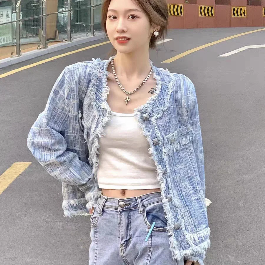 

Укороченная короткая синяя джинсовая куртка для женщин, весенне-осенняя лоскутная женская джинсовая куртка, разноцветная верхняя одежда, маленький шик