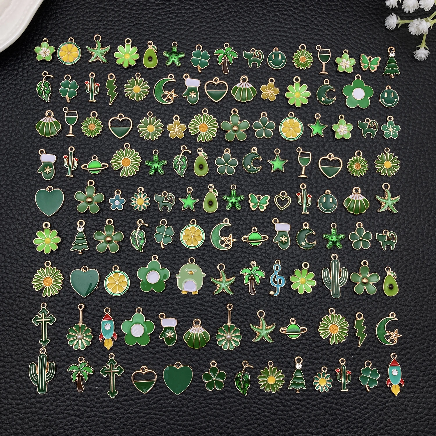 20/50/100pcs Forest Green Enamel Charm Collection! (Flowers, Clovers & Cacti) - Perfect for DIY Bracelets & Necklaces