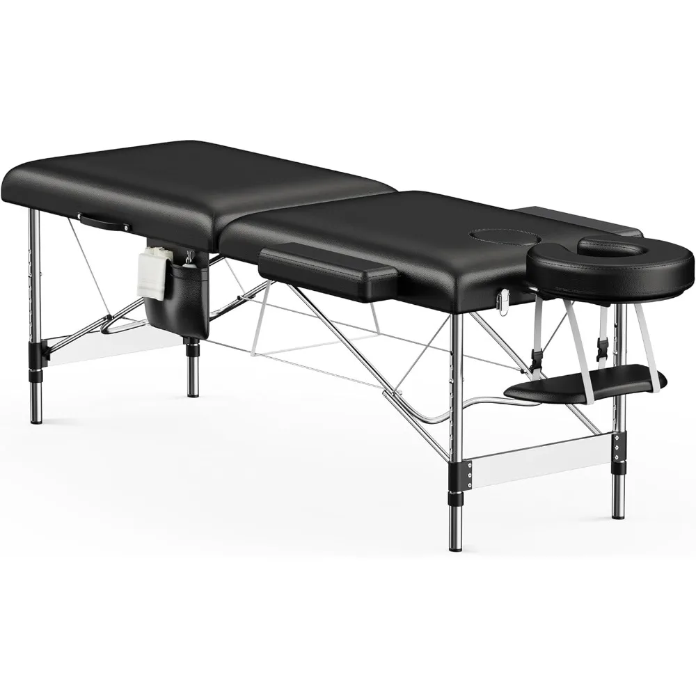 

24" Wide Massage Bed, Aluminum Height Adjustable 2-Fold Tattoo Waxing Salon Table with Side Pockets, Headrest, and Carrying Bag