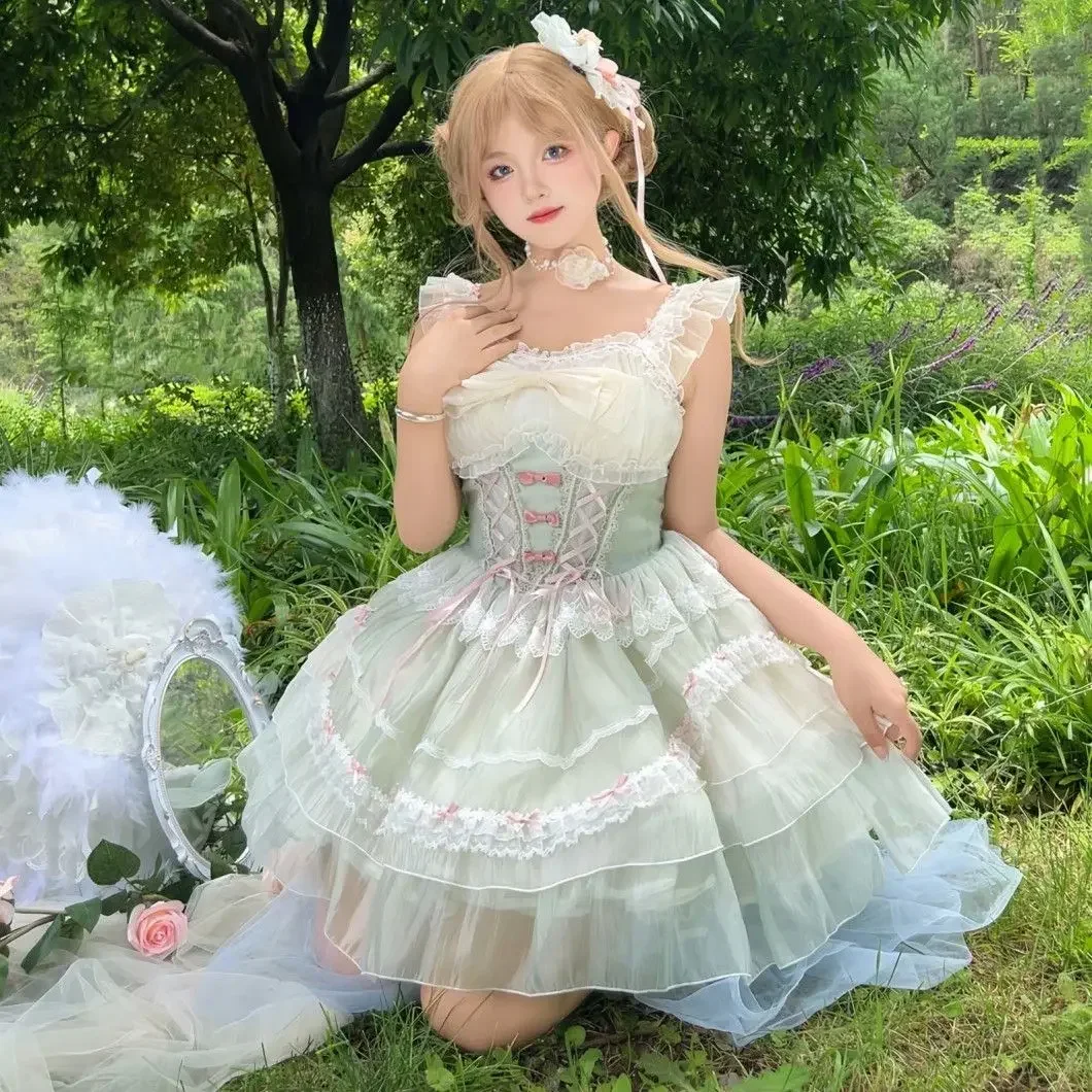 

Coalfell【 Camellia 】 - Lolita Gentle Little Flower Gauze Wedding Dress Fairy Dress Strap JSK Sling Birthday Gift Adult Dress