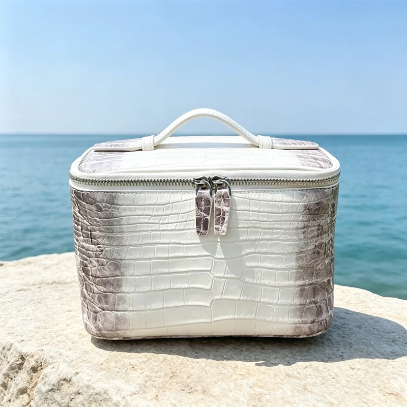 Genuine Leather Crocodile Patterned Makeup Bag Travel Toiletry Storage Cowhide Cosmetic Bag Himalayan Big Capacity Women Handbag