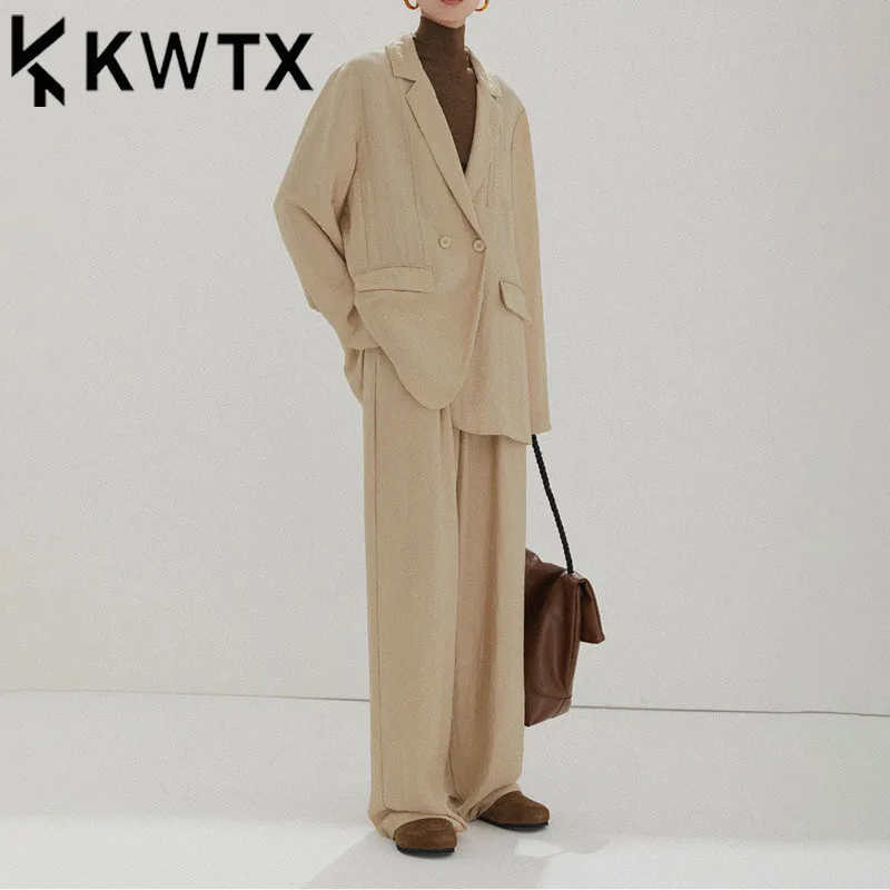 

KWTX 2025 Women’s Linen Two-Piece Suit Set Wide Leg Pant Co-ord Spring Summer Khaki Retro Chic Elegant Luxury Designer Outfit