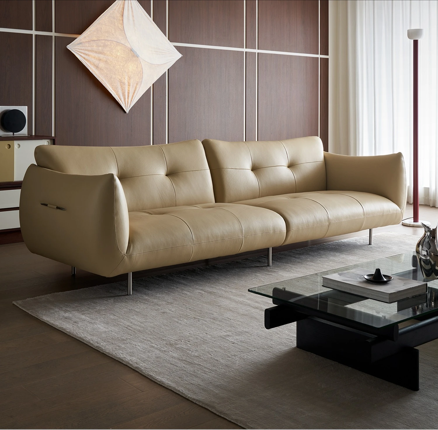 

Medieval style sofa full leather French retro high backrest straight row three people