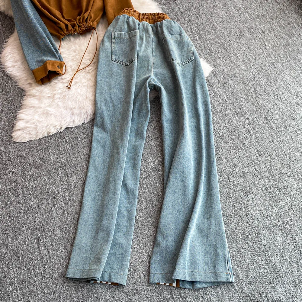 Autumn Winter Denim Pants Set Fashion Temperament Denim Splicing Design Jacket + Wide-leg Striped Pants Clothing Suits