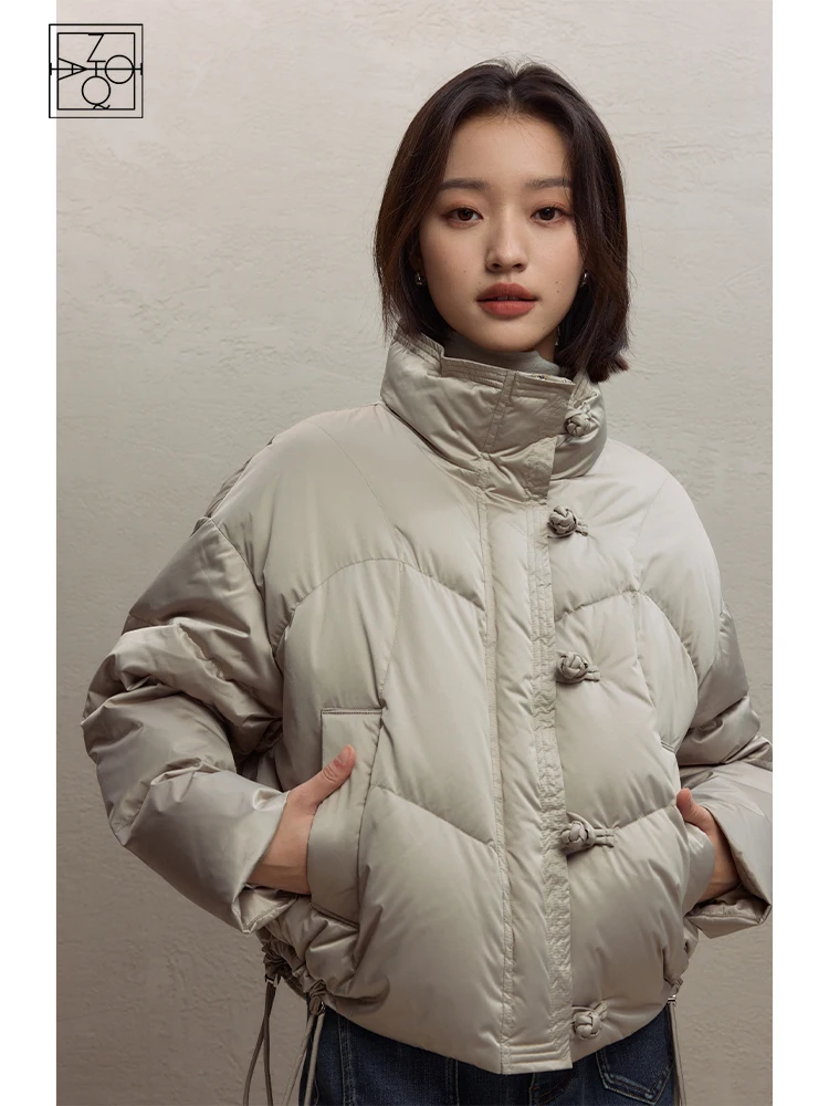 ZIQIAO New Chinese Style Stand Collar Down Jacket for Women 2023 Winter Chic Sense Light Warm White Duck Down Short Coats Female