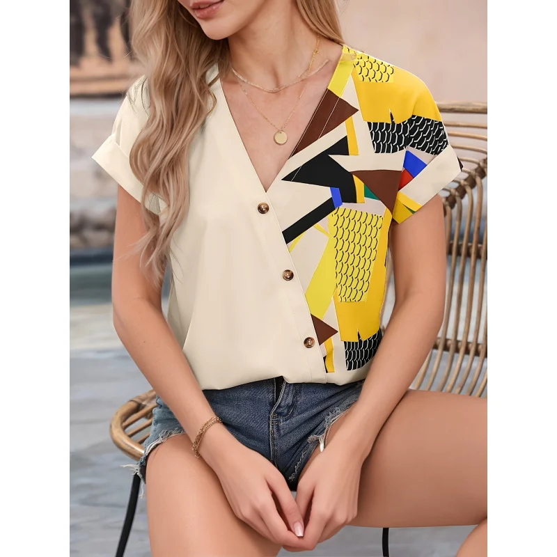 Geographic Print Batwing Sleeve Shirt | Elegant Top With Geometric Pattern, Asymmetrical Details, Spring/Summer