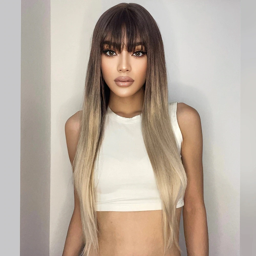 28 Inch Synthetic hair costume Wig Women's Wig Gradient Color with Brown Long Straight Hair With Bangs