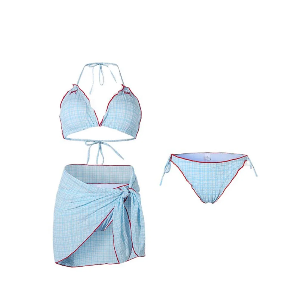 

Fashion Bowknot Grid Sleeveless Swimsuit Pleated Lace Up Bikini Bathing Suit Deep-V Slim Fit Three Pieces Swimwear Set Beach