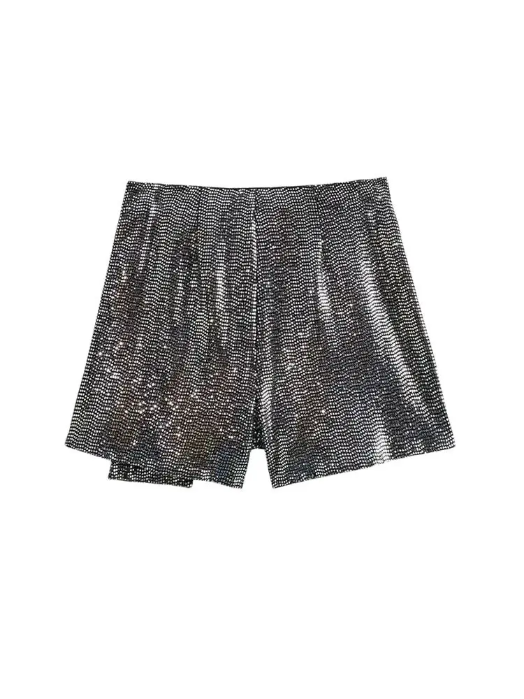 Women\'s Knotted Sequin Shorts Skirts, High Waist, Side Zipper, Female Skort,Fashion