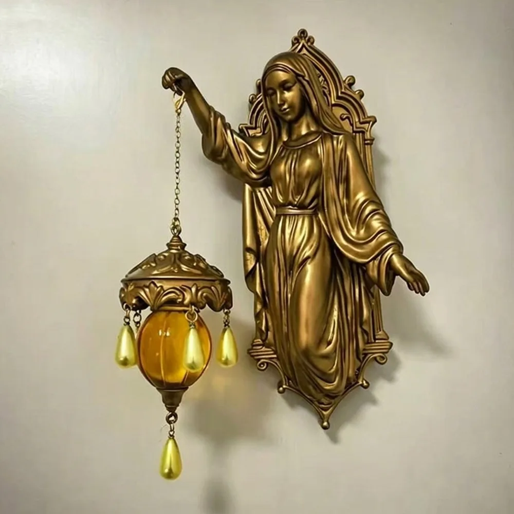 Vintage Religious Figure Led Wall Lamp Resin Crystal Pendant Christ Themed Lamp Fade Resistant Church Style Hanging Lantern