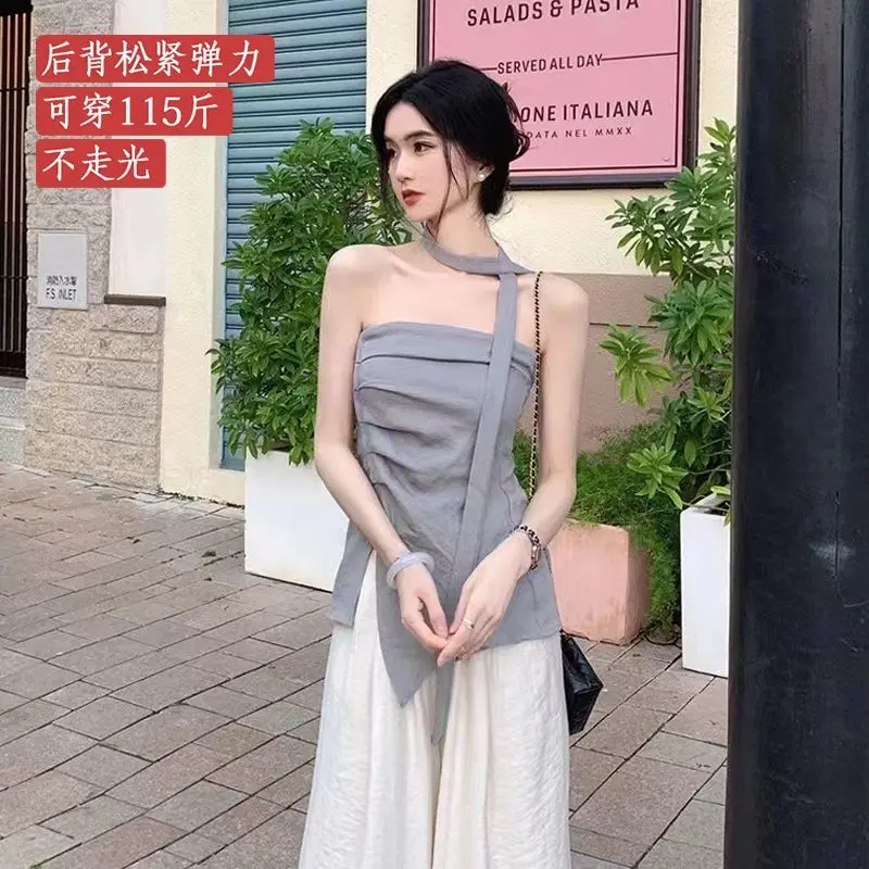 Damski top typu bustier z odkrytymi ramionami na lato 2025 z asymetrycznym wzorem do dojazdów do pracy i stylowych stylizacji