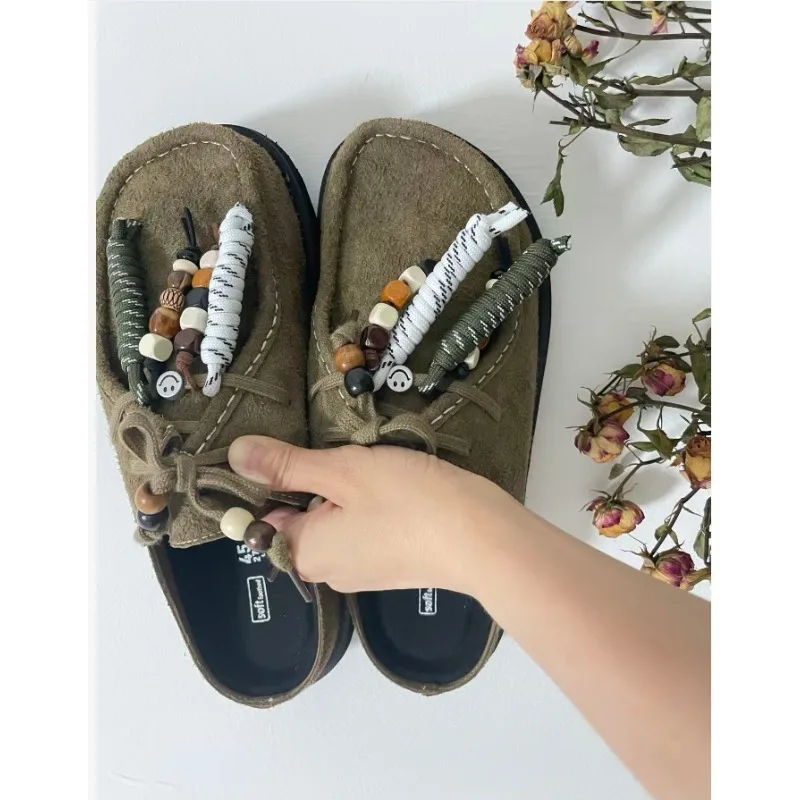 

Women Men Clogs Cow Suede Leather Slip on Mules Slippers Summer Slip on Flats Male Low-heeled Comfort Lace Up Soft Loafers