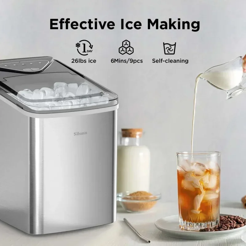 Encimera para hacer hielo QWSilonn, 9 cubos listos en 6 minutos, 26 libras en 24 horas, máquina de hielo autolimpiante con cuchara para hielo y cesta