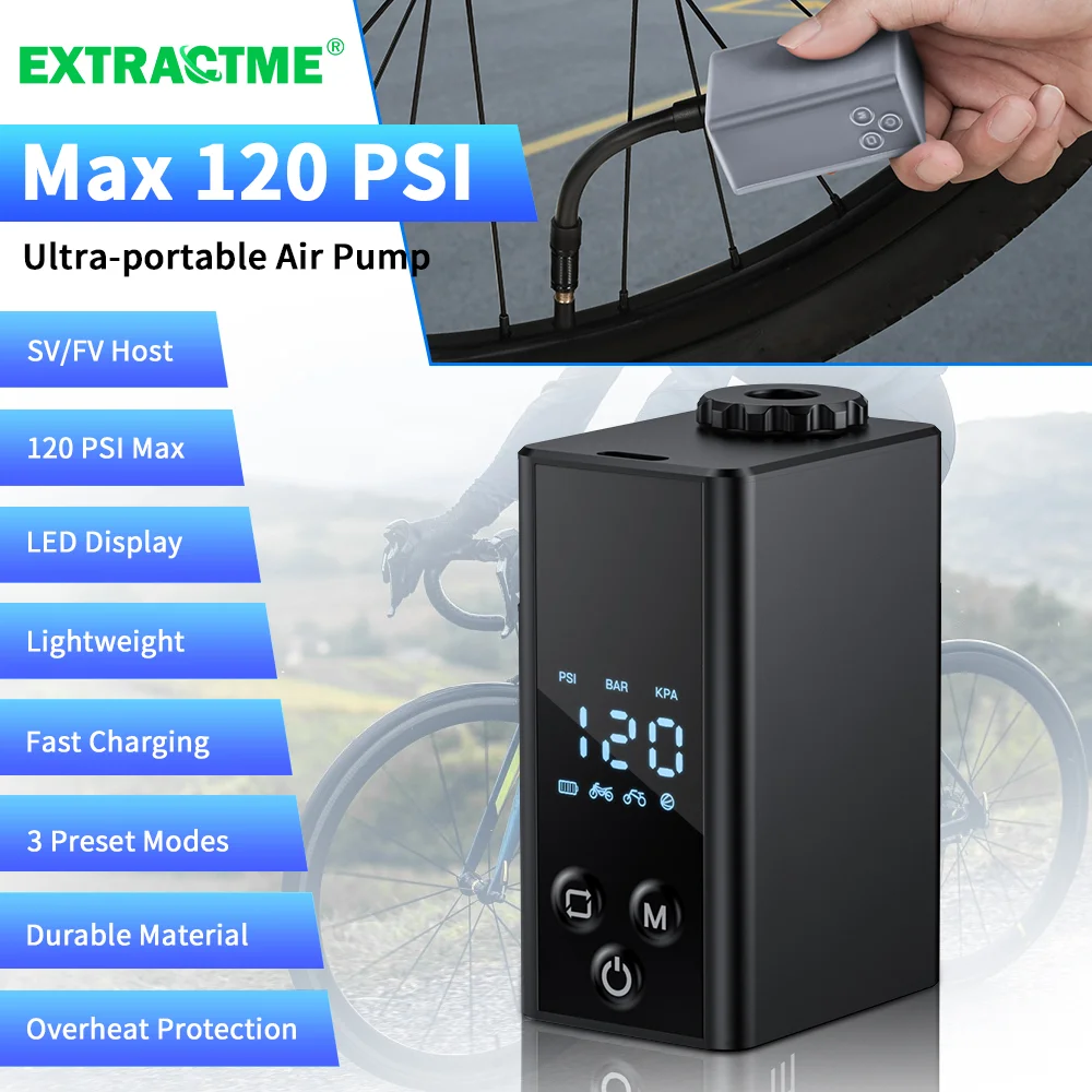 

Мини-электрический велосипедный насос Extractme, 120 фунтов на квадратный дюйм, Type-C, перезаряжаемый портативный воздушный насос, клапан AV FV, аксессуары для шоссейного велосипеда MTB